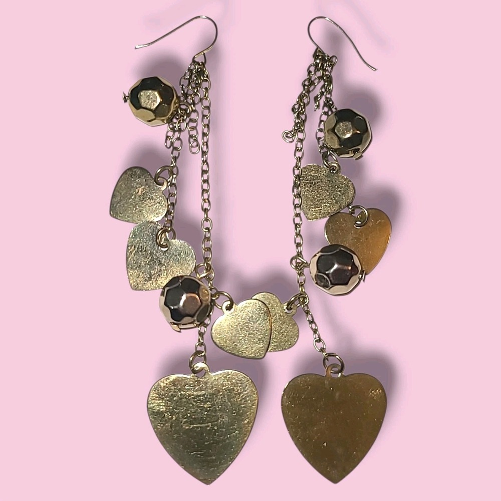 Big Gold Tone Heart Dangle Earrings‎ Vintage 4"